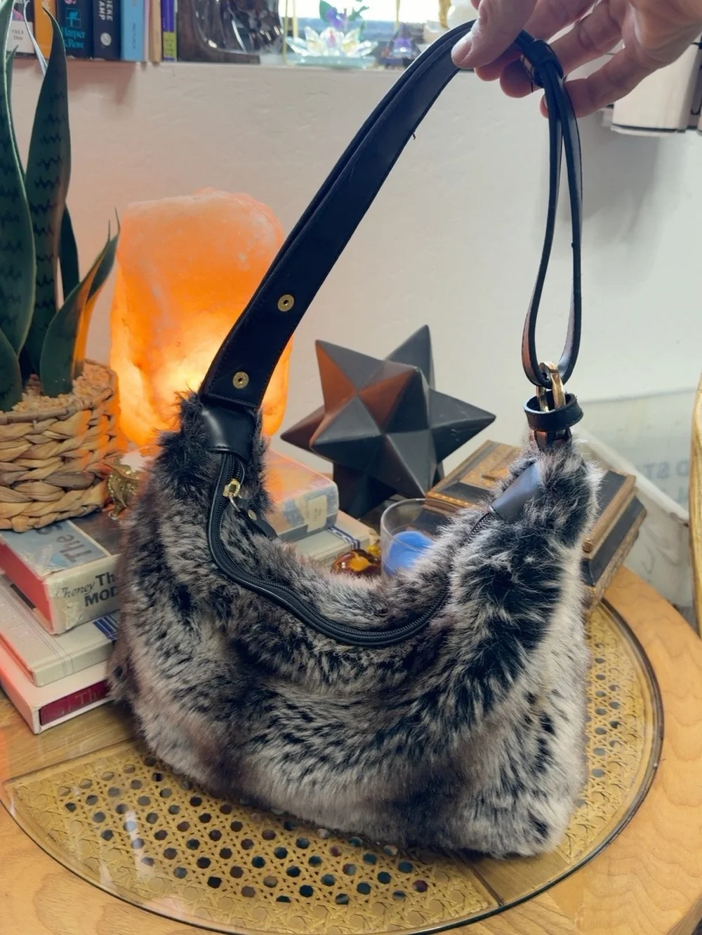Bueno Faux Fur Hobo Shoulder Bag Y2K Gray Black Purse